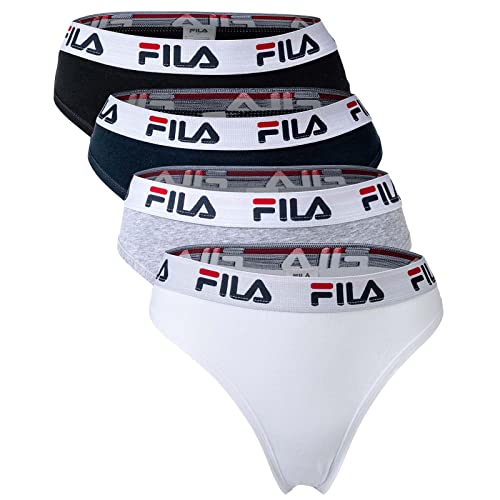 FILA Damen String - 4er Pack Slips, Logobund, Cotton Stretch (L, Schwarz/Weiß/Grau/Marine) von FILA