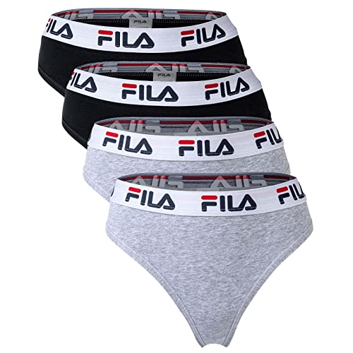 FILA Damen String - 4er Pack Slips, Logobund, Cotton Stretch (S, Schwarz/Grau) von FILA