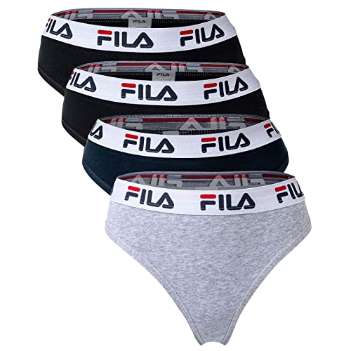 FILA Damen String - 4er Pack Slips, Logobund, Cotton Stretch (S, Schwarz/Grau/Marine) von FILA