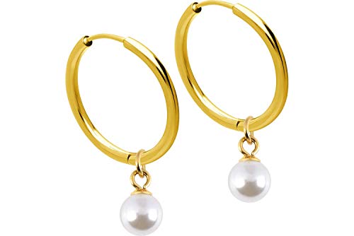 FILANGO 1 Paar Chirurgenstahl Damen Creolen Ohrringe SYNTHETISCHE PERLE 14 mm Goldfarben von FILANGO