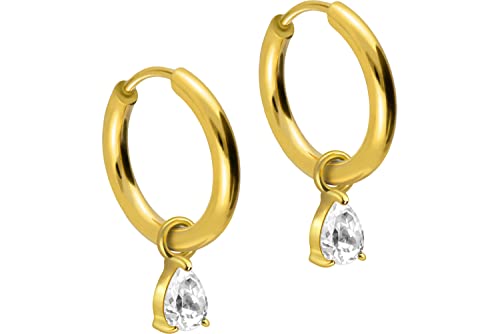FILANGO 1 Paar Chirurgenstahl Ohrclicker Kreolen Ohrringe EINGEFASSTER KRISTALLTROPFEN Goldfarben 12 x 2 mm von FILANGO