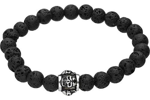 FILANGO Lavastein Kugelarmband Edelstahlsegment TOTENKÖPFE Gummizug Herren Damen Schmuck schwarz silberfarben von FILANGO