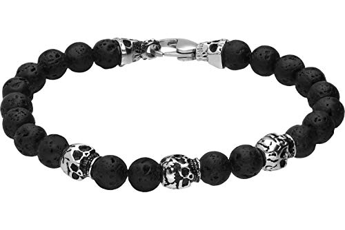 FILANGO Lavastein Kugelarmband TOTENKÖPFE | Karabinerverschluss | Herren Damen Schmuck schwarz silberfarben von FILANGO