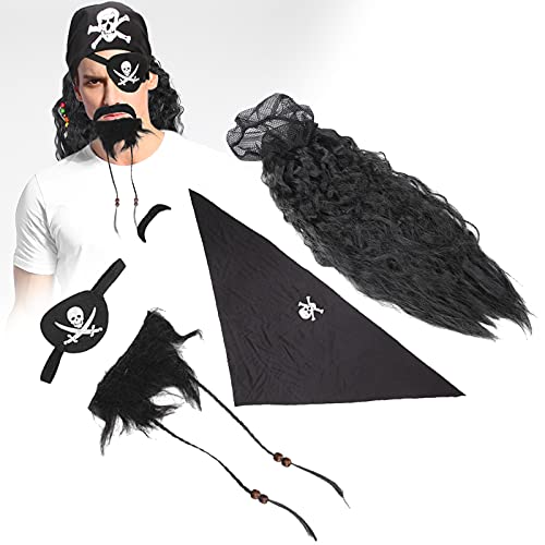Schwarzer Pirat Kunstbart Schnurrbart Set Perücke Kopftuch Falscher Geflochtener Bart für Halloween von FILFEEL
