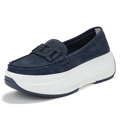 FILIPPO Schlupfschuhe Damen Sommer - Leder Slipper Damen - Barfuss Schuhe Frauen - Plateau Loafer Leder Blau - 37 von FILIPPO