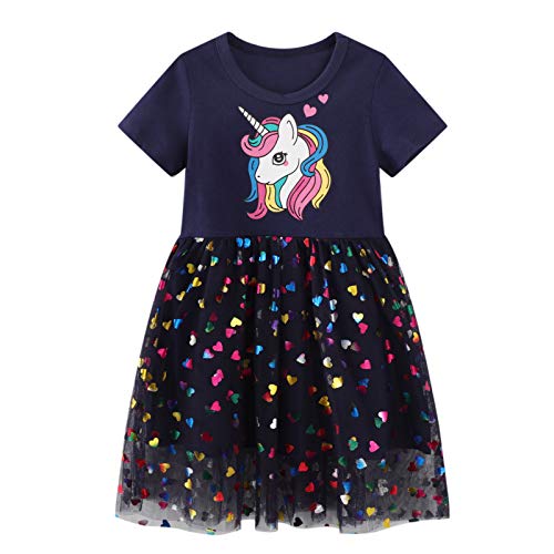 FILOWA Baby-Mädchen Kleid Einhorn Pailletten Kinder Kleider Sommerkleid Karneval Kurzarm Tüll Baumwolle Mädchenkleid Prinzesin Party Kleid Dunkelblau Gr.92-98, 2-3 Jahre von FILOWA