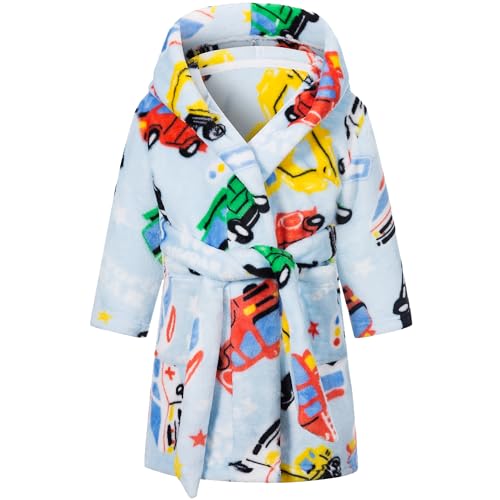 FILOWA Bademantel Baby Kinder Jungen Kinderbademantel mit Kapuze, Flanell Flauschig Morgenmantel Kuschelig Lang Roben Weich Dressing Gown Warm Pyjama Gr.92-98, Hellblau Auto von FILOWA