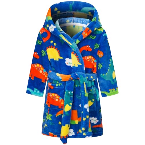 FILOWA Bademantel Kinder Jungen Kinderbademantel mit Kapuze, Flanell Flauschig Morgenmantel Kuschelig Lang Roben Weich Dressing Gown Warm Pyjama Gr.104-110, Blau Dinosaurier von FILOWA