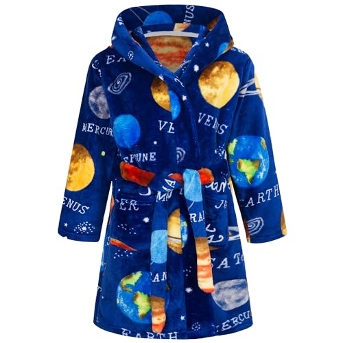 FILOWA Bademantel Kinder Jungen Kinderbademantel mit Kapuze, Flanell Flauschig Morgenmantel Kuschelig Lang Roben Weich Dressing Gown Warm Pyjama, Gr.104-110, Blau Planet von FILOWA