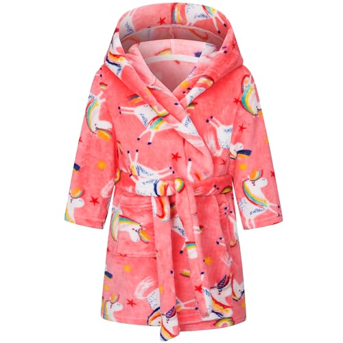 FILOWA Bademantel Kinder Mädchen Kinderbademantel mit Kapuze, Flanell Flauschig Morgenmantel Kuschelig Lang Roben Weich Dressing Gown Warm Pyjama Gr.110-116, Rosa Einhorn von FILOWA