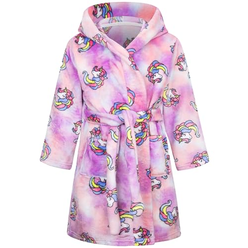 FILOWA Bademantel Kinder Mädchen Kinderbademantel mit Kapuze, Flanell Flauschig Morgenmantel Kuschelig Lang Roben Weich Dressing Gown Warm Pyjama Gr.98-104, Lila Einhorn von FILOWA