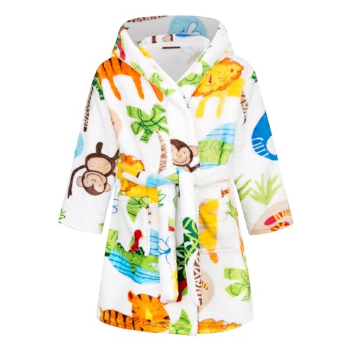 FILOWA Bademantel für Kinder Jungen Fleece Kinderbademantel mit Kapuze, Flanell Flauschig Morgenmantel Supersoft Kuschelig Cartoon Lang Roben Weich Dressing Gown Warm Pyjama, Gr.98-104, Weißer Zoo von FILOWA