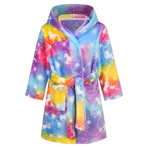 FILOWA Bademantel für Kinder Mädchen Fleece Kinderbademantel mit Kapuze, Flanell Flauschig Morgenmantel Supersoft Kuschelig Cartoon Lang Roben Weich Dressing Gown Warm Pyjama, Gr.104-110, Buntes von FILOWA