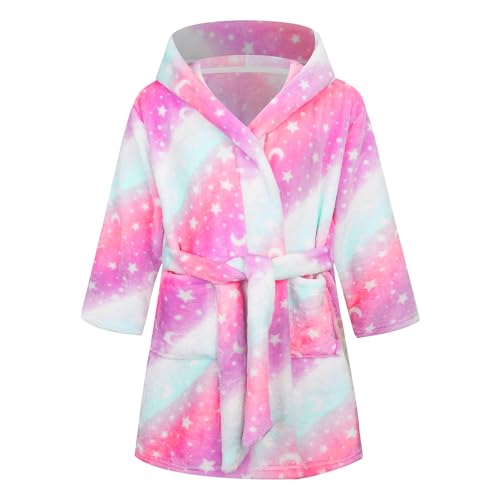 FILOWA Bademantel für Kinder Mädchen Fleece Kinderbademantel mit Kapuze, Flanell Flauschig Morgenmantel Supersoft Kuschelig Lang Roben Weich Dressing Gown Warm Pyjama, Gr.122-128, Rosa Sternennacht von FILOWA
