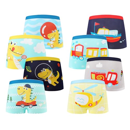 FILOWA Boxershorts Jungen Kinder 8er Pack Baumwolle Unterhosen Dinosaurier Feuerwehr Hubschrauber Muster Briefs Boxer Elastisch Unterwäsche Set Weich Underwear für Kleinkind 5-6 Jahre, Gr.116-122 von FILOWA
