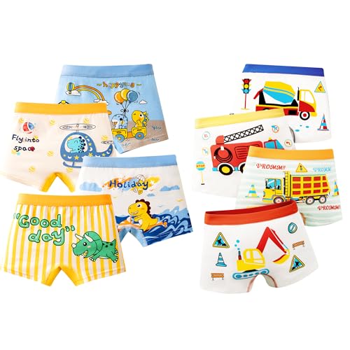 FILOWA Boxershorts Jungen Kinder Baumwolle Unterhosen 8er Pack Dinosaurier Feuerwehr Bagger Streifen Muster Briefs Boxer Elastisch Unterwäsche Set Weich Underwear für Kleinkind 5-6 Jahre, Gr.116-122 von FILOWA