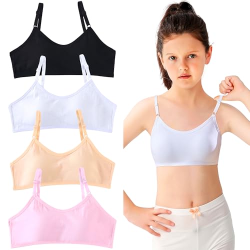 FILOWA Bustier Mädchen Teens 4er-Pack Baumwolle BHS Top Unterwäsche mit Fest Gepolsterte Verstellbar Schultergurt Sport Bralette Ohne Bügel Bh Set für 10-16 Jahre Teenager, Hautfarbe Grau Weiß Schwarz von FILOWA