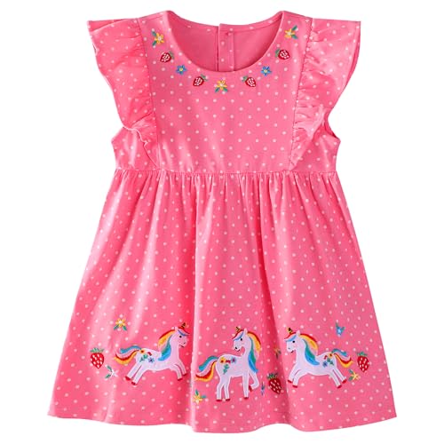 FILOWA Einhorn Kleider Mädchen Kinder Baumwolle Kleid Fliegenden Ärmeln Sommerkleid Blumen Erdbeere Stickerei Blumensmädchenkleid Rot Polka Dot Knopf Mädchenkleid Geburtstag Partykleid,Gr.130-140 von FILOWA