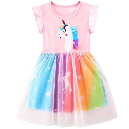 FILOWA Einhorn Kleider für Mädchen Kinder Rosa Armellos Tüll Baumwolle Rüsche Regenbogen Mädchenkleid Prinzesin Sommerkleid Party Geburtstag Süße Kleid Kleinkind Gr.104-110, 4-5 Jahre von FILOWA