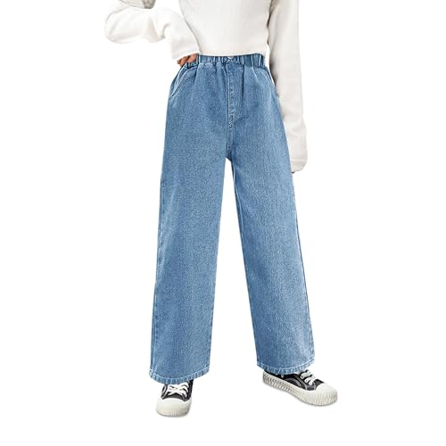 FILOWA Jeans Mädchen Kinder Baggy Wide Leg Jeanshose Denim Hose mit Elastischem Bund Loose Fit Denimhose Lässige Blau Hosen Stretch-Jeans mit Taschen Streetwear Lang Mode Pants für 7-8 Jahre, Gr.134 von FILOWA