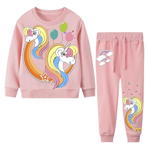 FILOWA Jogginganzug Mädchen Kinder Trainingsanzug Set Baumwolle Sportanzug Einhorn Druck Pullover Sporthose Warm Sportbekleidung Langarm Activewear Frühling Herbst Freizeitanzug Gr.116-122, Dunkelrosa von FILOWA