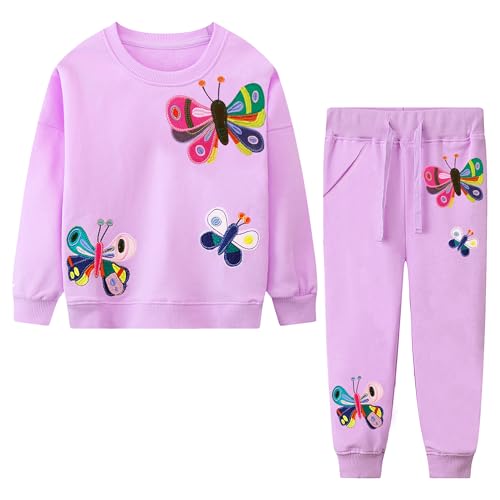 FILOWA Jogginganzug Mädchen Kinder Trainingsanzug Set Baumwolle Sportanzug Schmetterling Stickerei Pullover Sporthose Sportbekleidung Langarm Activewear Frühling Herbst Freizeitanzug Gr.110-116, Lila von FILOWA
