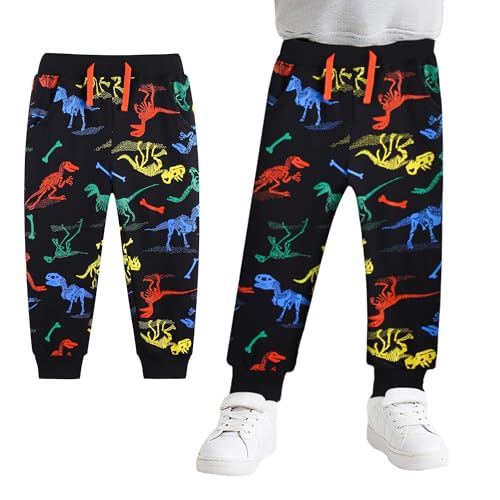 FILOWA Jogginghose für Jungen Baumwolle Sporthose Kinder Sweathose mit Gummizug Tunnelzug Lange Hosen Dinosaurier Muster Trainingshose Schwarz Freizeithose Lässig Schule Jogger Bottom, Gr.104-110 von FILOWA