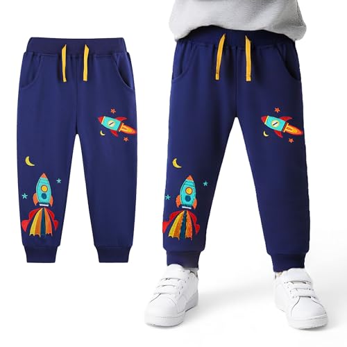 FILOWA Jungen Jogginghose Baumwolle Sporthose Kinder Sweathose mit Gummizug Tunnelzug Lange Hosen Rakete Muster Trainingshose Marineblau Freizeithose Lässig Park Schule Jogger Bottom, Gr.98-104 von FILOWA