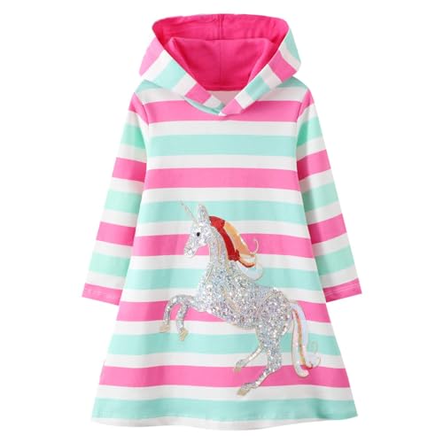 FILOWA Kapuzenkleid für Mädchen Einhorn Pailletten Stickerei Kapuzenpullover Kleider Langarm Baumwolle Rosa Grün Gestreift Hoodie Pullover Sweatshirt Lässig Tops Kleid Kinder 4-5 Jahre von FILOWA