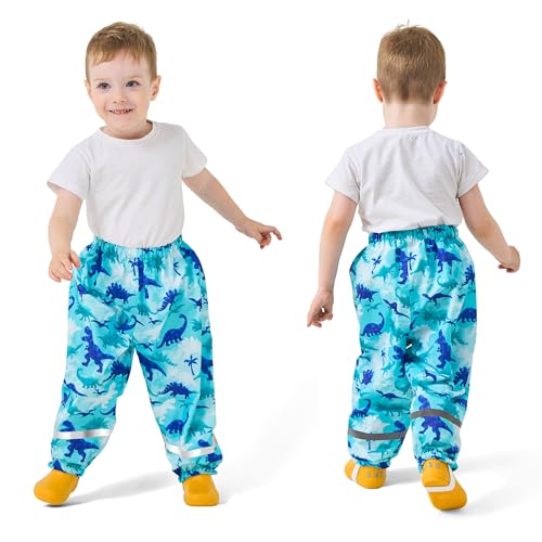 FILOWA Kinder Matschhose Leichte Regenhose Jungen Blau Dinosaurier wasserdichte Hose Regenlatzhose mit Reflektor Streifen Atmungsaktive Buddelhose Outdoor Regenkleidung für 1-2 Jahre, Gr.86-92 von FILOWA