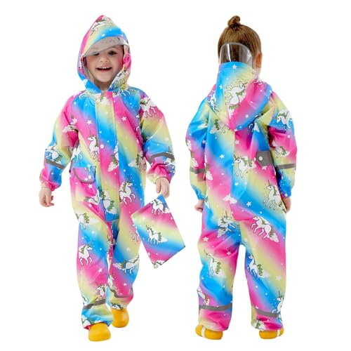 FILOWA Kinder Regenanzug Wasserdicht Matschanzug mit Kapuze Einteilig Overalls Regen Atmungsaktiv Leicht Regenmantel mit Reflektor Regenoverall Schule Camping Regenkleidung für Mädchen 3-5 Jahre, Bunt von FILOWA