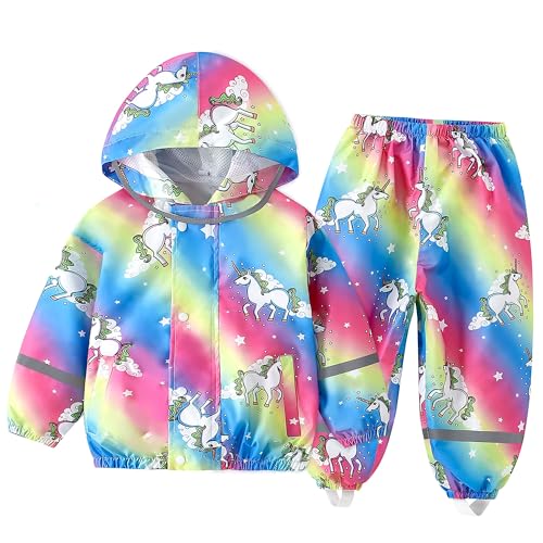 FILOWA Kinder Regenanzug für Baby Mädchen Wasserdicht Leicht Regenjacke und Regenhose Atmungsaktiv Regenkleidung mit Reflektor Kapuze Regenset Zweiteiliger Regendichte Kleidung 1-2 Jahre, Einhorn von FILOWA