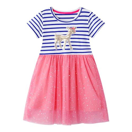 FILOWA Kleid Mädchen Kinder Kleider Pferd Pailletten Blau Streifen Tüll Baumwolle Kurzarm Mädchenkleid Prinzesin Sommerkleid Rosa Rot Gr.116-122, 6-7 Jahre von FILOWA