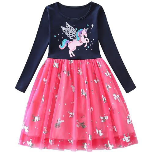 FILOWA Kleider Mädchen Kinder Langarm Einhorn Druckt Tüllkleid Pailletten Marineblau Rosa Tüllrock Baumwolle Glitzer Kinderkleider Frühling Herbst Party Geburtstag Mädchenkleid Gr.116-122, 6-7 Jahre von FILOWA