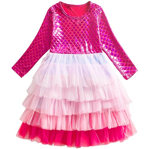 FILOWA Kleider für Kinder Mädchen Langarm Elegant Kleid Musselin Meerjungfrau Prinzessin Kostüm Tüllrock Rosa Tüllkleid Glitzer Tutu Herbst Partykleid Blumenmädchen Hochzeit Mädchenkleid, Gr.104-110 von FILOWA