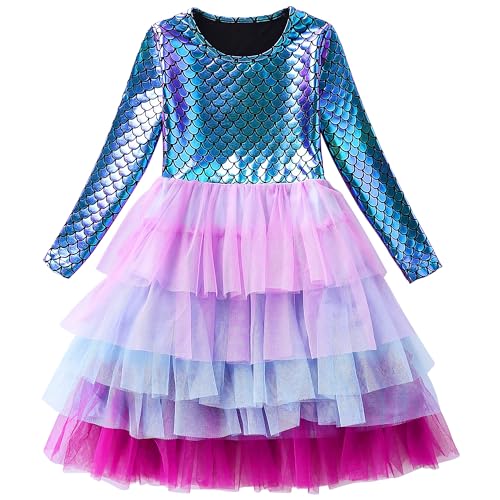 FILOWA Kleider für Kinder Mädchen Meerjungfrau Prinzessin Kostüm Langarm Elegant Kinderkleider Grün Violett Glitzer Tüllkleid Tutu Frühling Herbst Tüllrock Hochzeit Party Mädchenkleid, Gr.110-116 von FILOWA