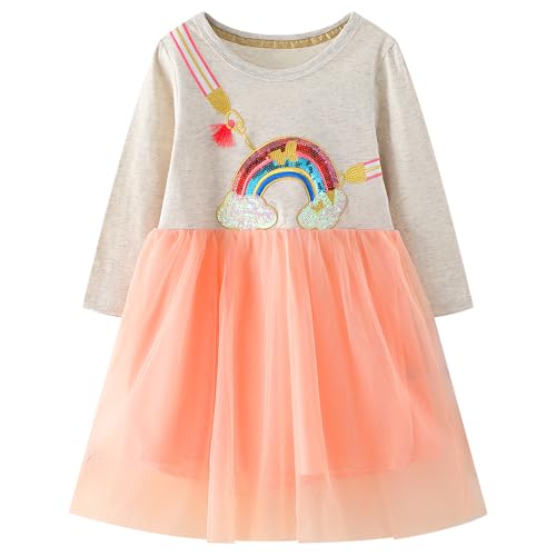 FILOWA Kleider für Mädchen Einhorn Tüll Pailletten Stickerei Streifen Kleid Frühling Herbst Winter Langarm Baumwolle Casual Tiere Regenbogen Kleider Mesh Prinzessin Party Kinder 3-4 Jahre,Gr.98-104 von FILOWA
