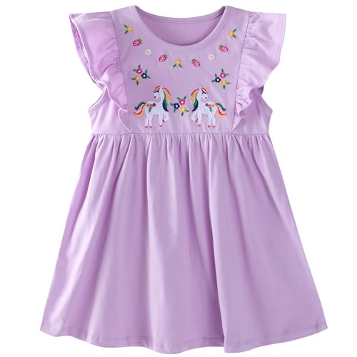 FILOWA Kleider für Mädchen Kinder Baumwolle Fliegenden Ärmeln Sommerkleid Einhorn Blumen Erdbeere Stickerei Kinderkleider Lila Rundhalsausschnitt Mädchenkleid Schule Lässig Kinderkleidung, Gr.100-110 von FILOWA