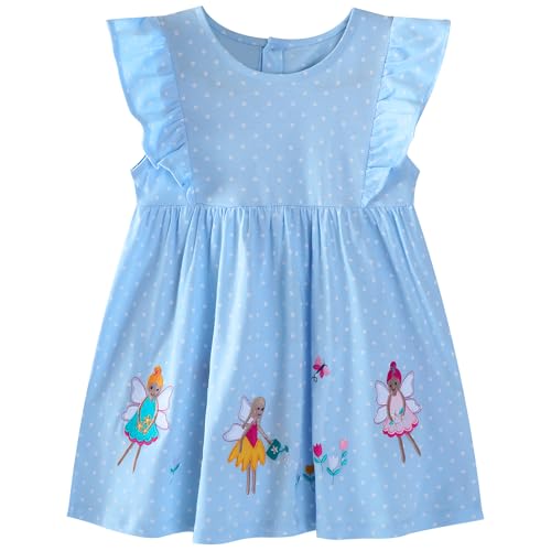 FILOWA Kleider für Mädchen Kinder Baumwolle Fliegenden Ärmeln Sommerkleid Elf Blumen Schmetterlinge Stickerei Kinderkleider Blau Polka Dot Zurück Knopf Mädchenkleid Frühling Kinderkleidung, Gr.100-110 von FILOWA
