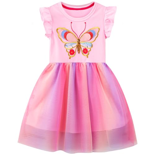 FILOWA Kleider für Mädchen Kinder Glitzer Rosa Schmetterling Kleid mit Pailletten Blumen Tüllkleid Baumwolle Elegant Ärmellos Sommerkleid Mädchenkleid Geburtstag Kinderkleider, Gr.110-116, 5-6 Jahre von FILOWA