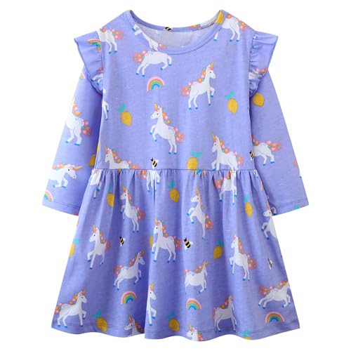 FILOWA Kleider für Mädchen Kinder Lila Einhorn Druck Kleid Cartoon Kinderkleider Baumwolle Mädchenkleid Lange Ärmel Mode Lässige Zitrone Biene Muster Kinderkleidung Festlich Party, Gr.110-116 von FILOWA