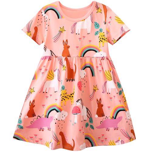FILOWA Kleider für Mädchen Kinder Rosa Licorne Kaninchen Dinosaurier Druck Sommerkleid Cartoon Kinderkleider Baumwolle Mädchenkleid Ärmellos Mode Lässige Kinderkleidung Festlich Party, Gr.116-122 von FILOWA
