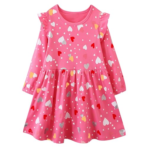 FILOWA Kleider für Mädchen Kinder Rot Herz Stern Druck Kleid Cartoon Kinderkleider Baumwolle Mädchenkleid Lange Ärmel Mode Lässige Kinderkleidung Festlich Party, Gr.116-122 von FILOWA
