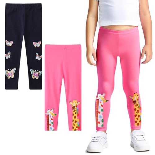 FILOWA Leggings Mädchen Kinder Baumwolle Stretch Hose 2-Pack Schmetterlinge Tier Embroidery Legging Länge Hosen Gymnastikhose Casual Frühling Herbst Activewear für Kinder Gr.116-122, Dunkelblau Rosa von FILOWA