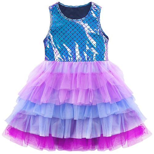 FILOWA Mädchen Kleider Meerjungfrau Prinzessin Kostüm Elegant Tüllrock Lila Ärmellos Tüllkleid Glitzer Tutu Sommerkleid Festlich Geburtstagskleid Ballkleid Mädchenkleid für Kinder Kleinkind,Gr.116-122 von FILOWA