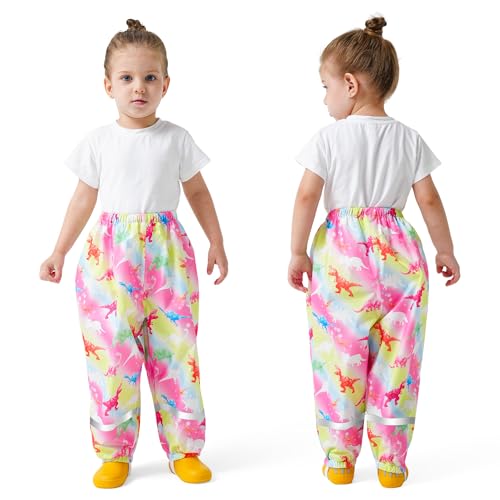 FILOWA Matschhose Ungefüttert Kinder Regenhose Mädchen Rosa Dinosaurier wasserdichte Hose Regenlatzhose mit Reflektor Streifen Atmungsaktive Buddelhose Outdoor Regenkleidung für 7-8 Jahre, Gr.122-128 von FILOWA