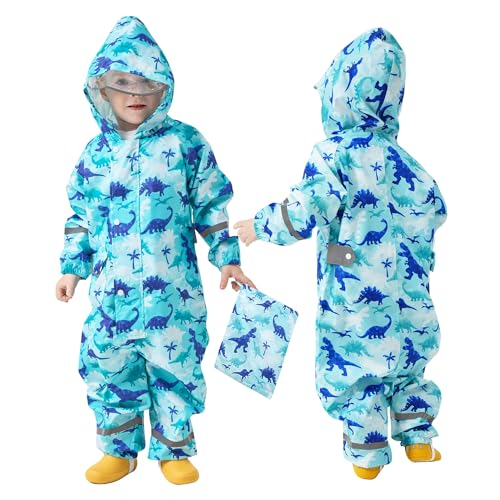 FILOWA Regenanzug Jungen Atmungsaktiv Matschanzug mit Kapuze Einteilig Overalls Regen Wasserdicht Leicht Regenmantel mit Tragbare Tasche Regenoverall Trekking Regenkleidung für Kinder 7-9 Jahre, Blau von FILOWA