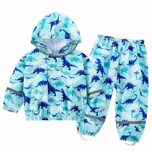 FILOWA Regenanzug Kinder Jungen Wasserdicht Leicht Regenjacke und Regenhose Atmungsaktiv Regenkleidung mit Reflektor Kapuze Zweiteiliger Matschanzug Regendichte Regenset 2-3 Jahre, Blau Dinosaurier von FILOWA