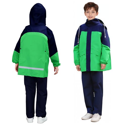 FILOWA Regenanzug Kinder Jungen Wasserdicht Leicht Regenjacke und Regenhose Atmungsaktiv Regenkleidung mit Reflektor Kapuze Zweiteiliger Matschanzug Regendichte Regenset Schule 9-10 Jahre, Grün von FILOWA