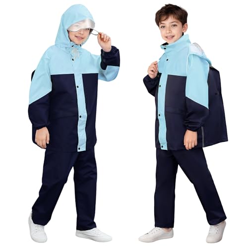 FILOWA Regenanzug Kinder Jungen Wasserdicht Regenjacke und Regenhose Leicht Atmungsaktiv Regenkleidung mit Reflektor Kapuze Zweiteiliger Matschanzug Outdoor Regendichte Regenset 9-10 Jahre, Blau von FILOWA